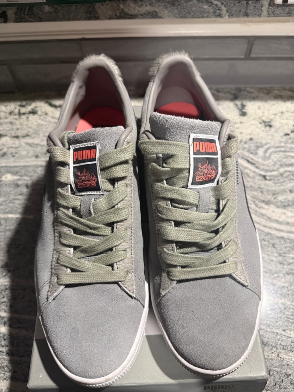 Puma x Staple Gray Suede Sneakers with Olive Laces and Pink Insole